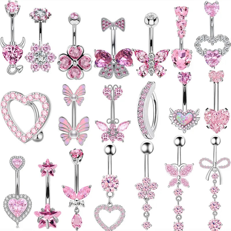 1PCS Pink Crown Belly Button Rings Jewelry Stainless Steel Heart Navel Piercing Barbell Crystal Cute Belly Rings for Women Girls