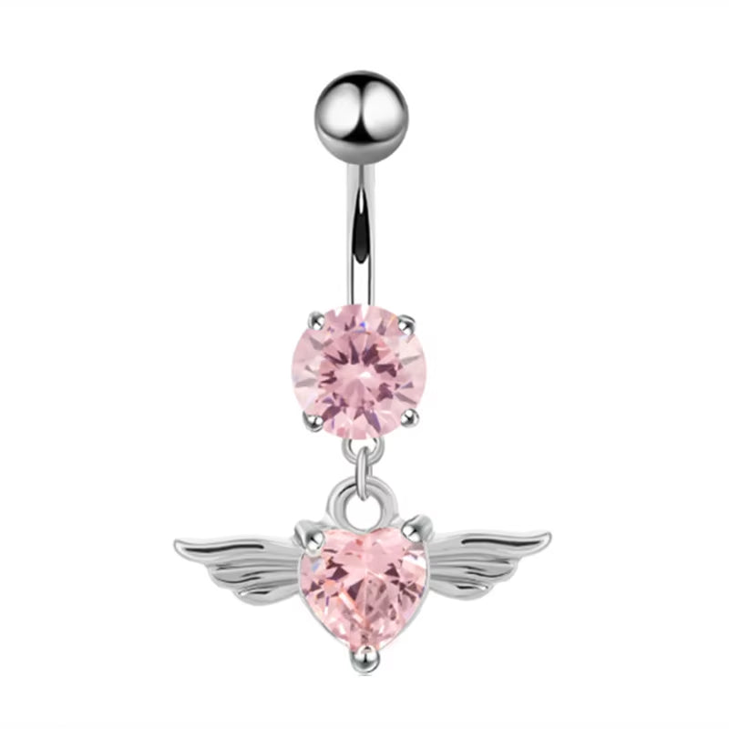 1PCS Pink Crown Belly Button Rings Jewelry Stainless Steel Heart Navel Piercing Barbell Crystal Cute Belly Rings for Women Girls