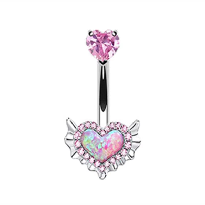 1PCS Pink Crown Belly Button Rings Jewelry Stainless Steel Heart Navel Piercing Barbell Crystal Cute Belly Rings for Women Girls