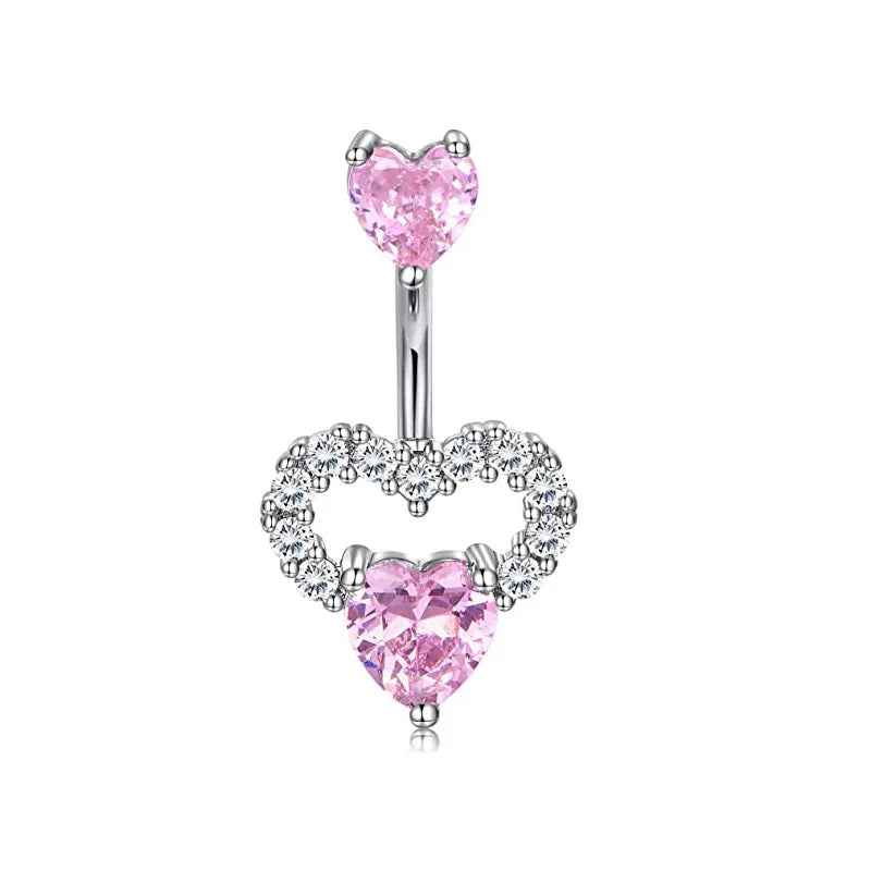 1PCS Pink Crown Belly Button Rings Jewelry Stainless Steel Heart Navel Piercing Barbell Crystal Cute Belly Rings for Women Girls