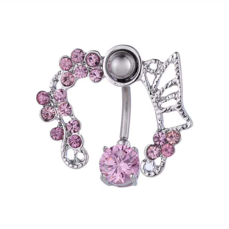 1PCS Pink Crown Belly Button Rings Jewelry Stainless Steel Heart Navel Piercing Barbell Crystal Cute Belly Rings for Women Girls