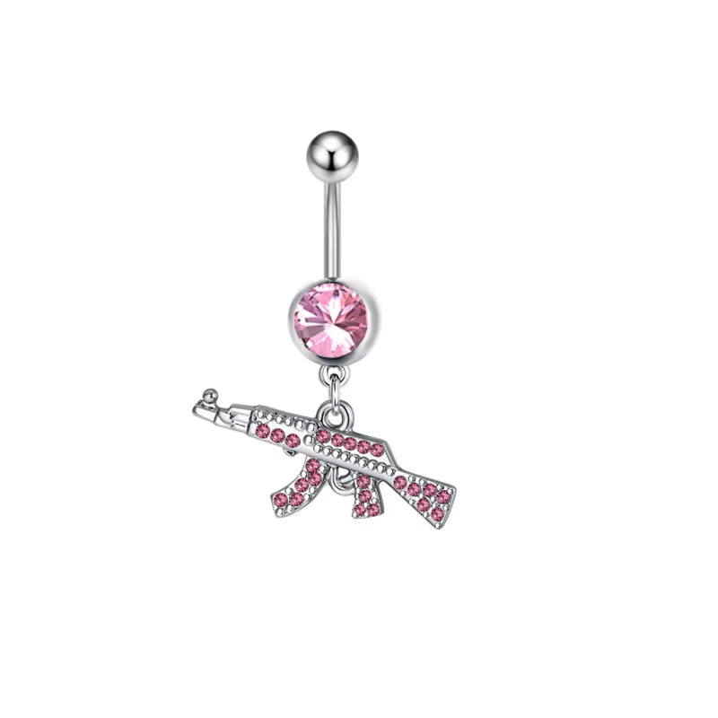 1PCS Pink Crown Belly Button Rings Jewelry Stainless Steel Heart Navel Piercing Barbell Crystal Cute Belly Rings for Women Girls
