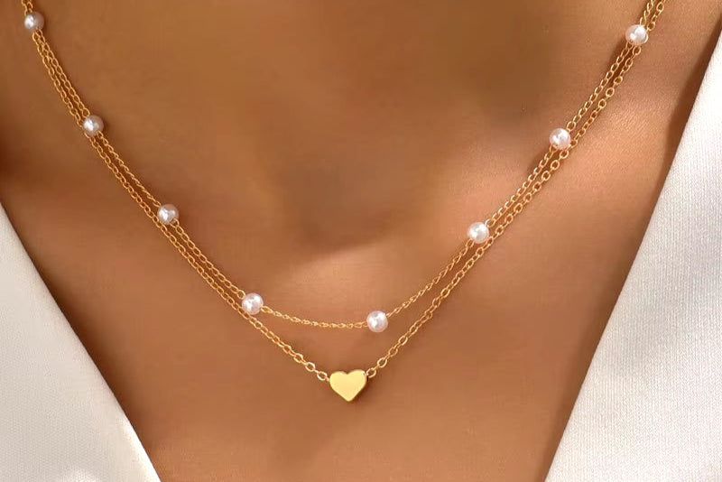 FTCY 3Pcs Women'S Pearl Necklace Set 14K Gold Fashion Love Heart Pendant Waterproof Hypoallergenic Collarbone Neck Chain Jewelry