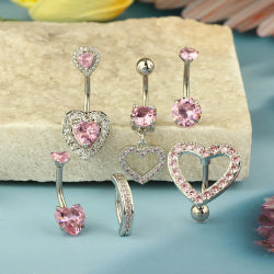 1PCS Pink Crown Belly Button Rings Jewelry Stainless Steel Heart Navel Piercing Barbell Crystal Cute Belly Rings for Women Girls