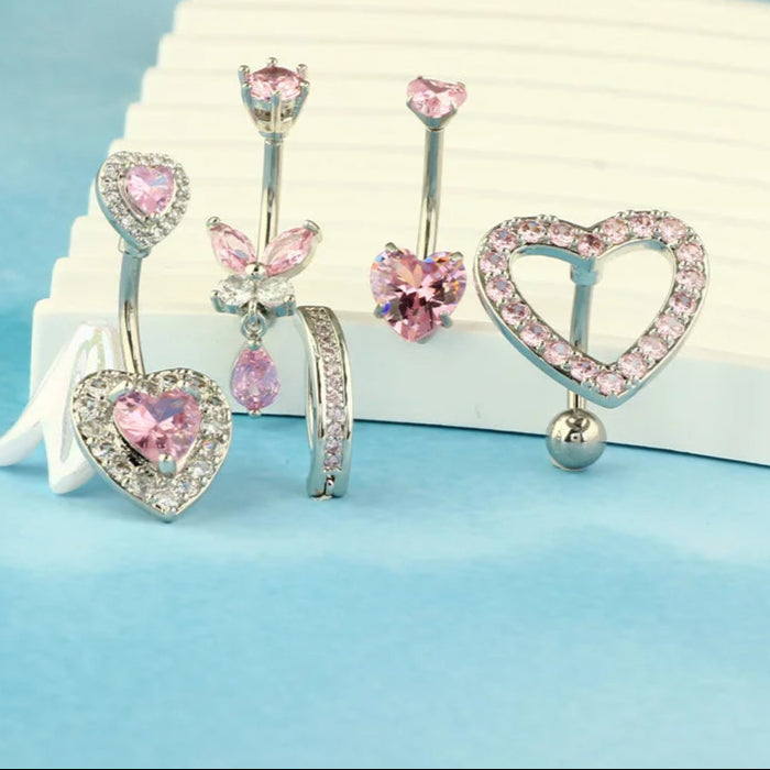 1PCS Pink Crown Belly Button Rings Jewelry Stainless Steel Heart Navel Piercing Barbell Crystal Cute Belly Rings for Women Girls